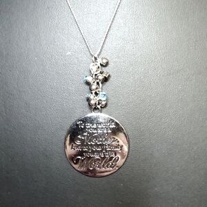 Mother Poem Engraved On Silver Tone Pendant Necklace with Blue Accent Glass